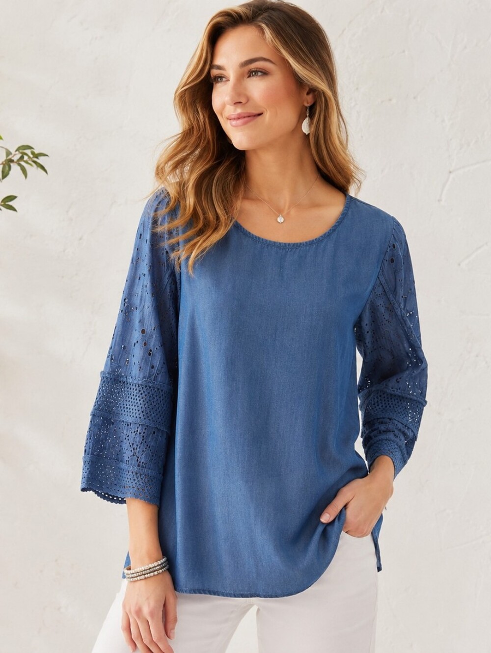Soft Surroundings Blue Tencel Chambray Eyelet Sleeve Tunic Top